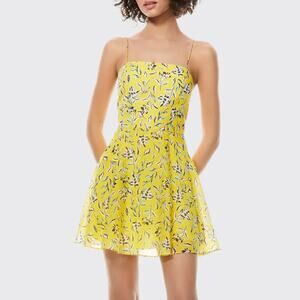 Alice + Olivia Glinda Yellow Floral Mini Dress Size 6 Silk Blend Spaghetti Strap
